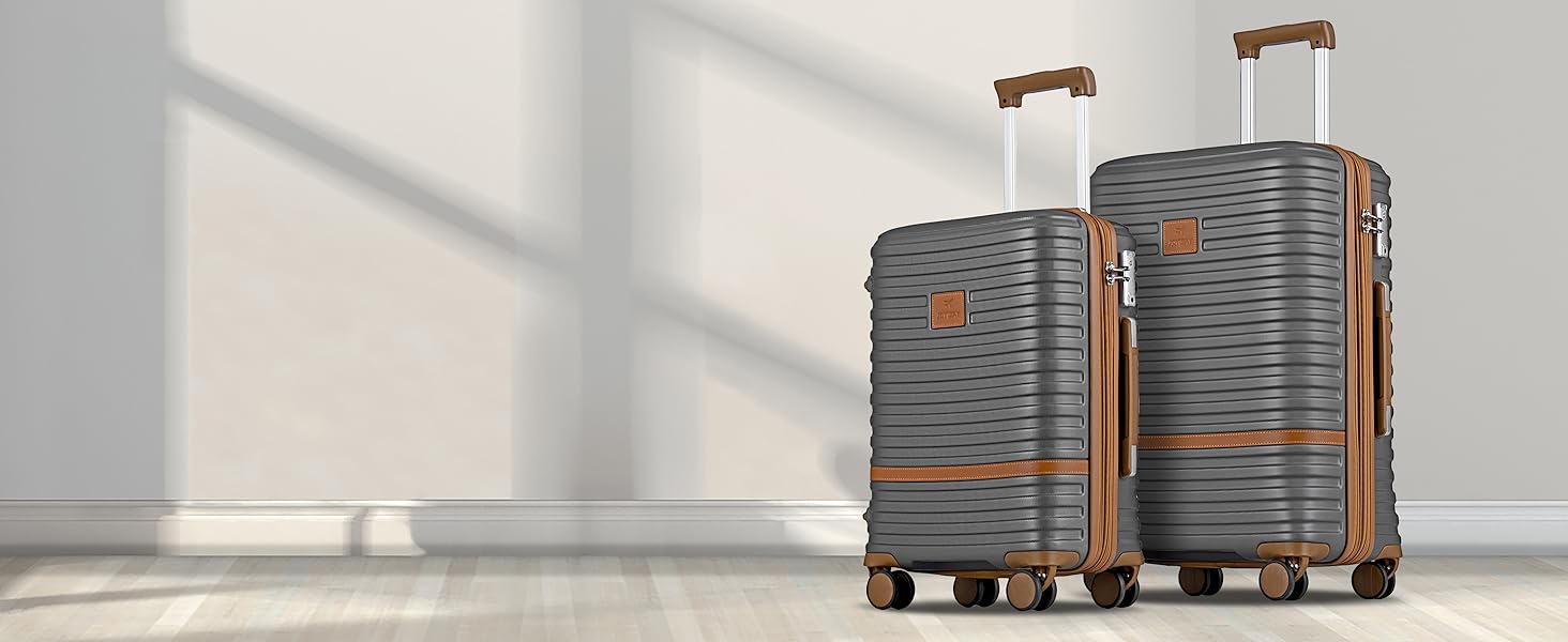 Набір валіз для подорожей Joyway 7 предметів, жорстка оболонка, з косметичкою, 4 колесами та TSA-замком, білий (Сірий/Коричневий)