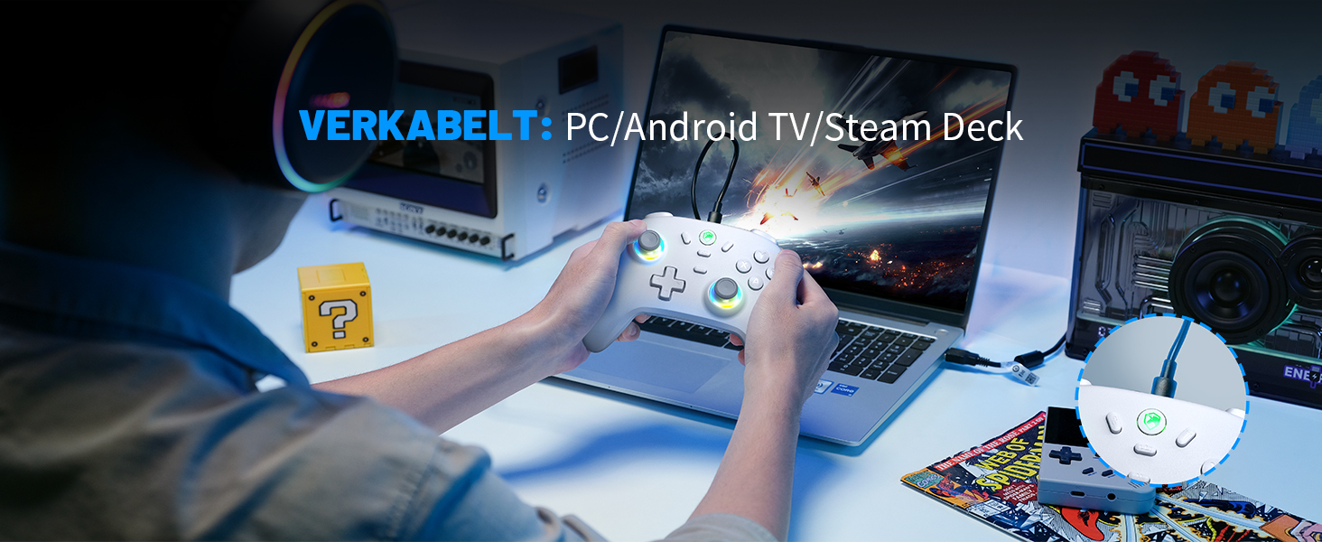 Бездротовий ігровий контролер ECHTPower для PC, Switch, Steam Deck, Android, iOS — RGB підсвічування, Hall-джойстики, вібрація, Turbo, акумулятор 800mAh (Білий)