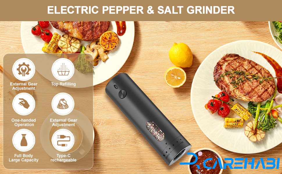 Електричний набір для солі та перцю з зарядною станцією, об'єм 110 мл, перезаряджувана соляна млинка з 5 рівнями, керамічна млинка з щіткою (1 шт, чорний)