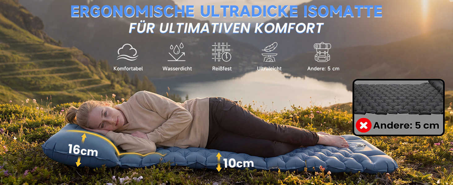 Надувний кемпінговий килимок HAUSPROFI Ultraleicht, посилений TPU 40D, з вбудованою помпою та подушкою, 196x70x9 см, темно-синій