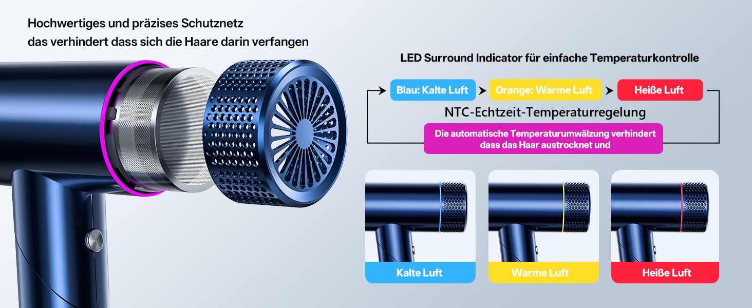 Професійний іонізаційний фен для волосся CONFU 1700W, складаний фен з магнітним диффузором та стилізуючою насадкою, низький рівень шуму, синій