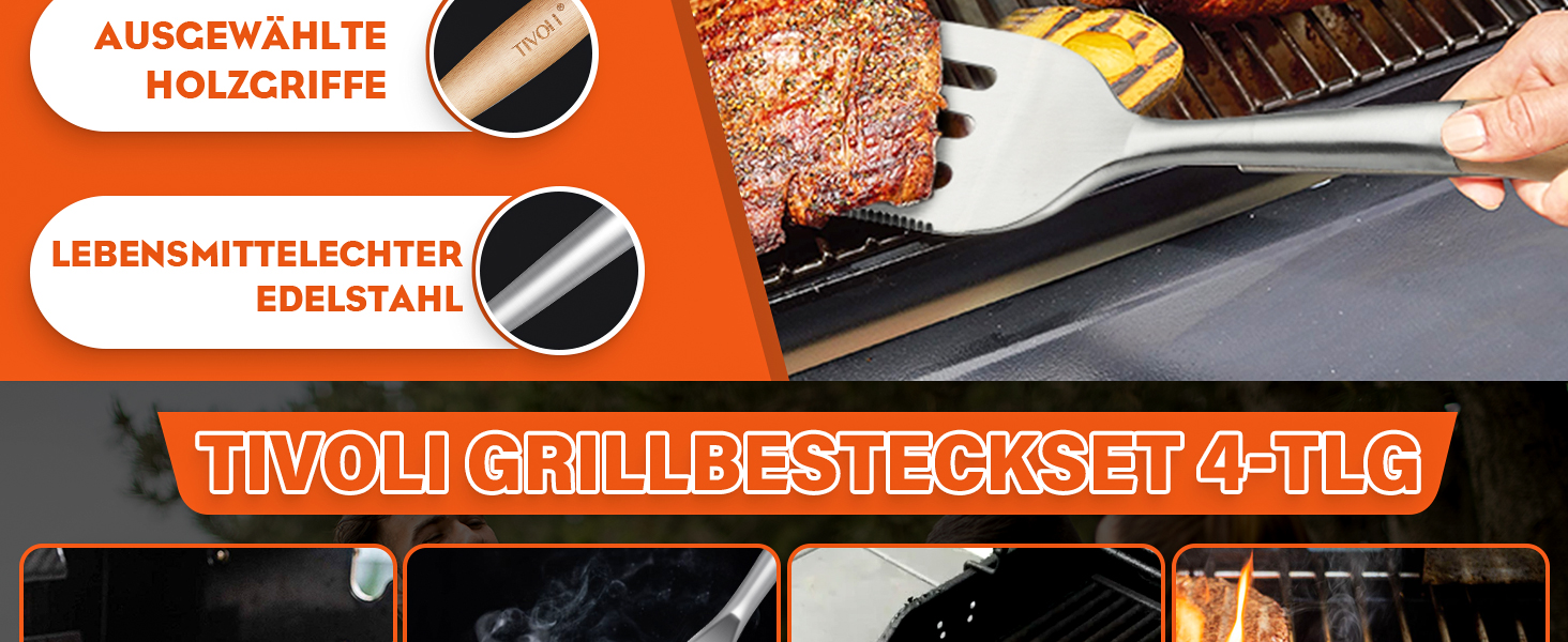 Набір гриля TIVOLI 4-частини з нержавіючої сталі з дерев'яними ручками: щипці, лопатка, щітка, виделка. Ідеальний подарунок для гриля та барбекю.