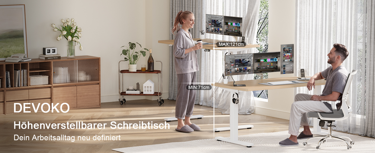 Електричний підйомний стіл Devoko 180x80 см, ергономічний комп'ютерний стіл для роботи сидя-стоячи з подвійним мотором, пам'яттю та USB-C (Дуб/Білий)