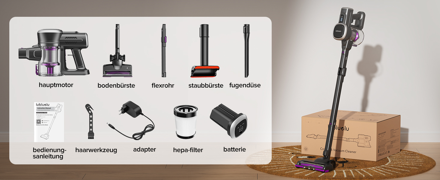 Акумуляторний пилосос Lubluelu бездротовий 25000 Па, вертикальний та ручний, для шерсті тварин, килимів та підлоги (сіро-фіолетовий)