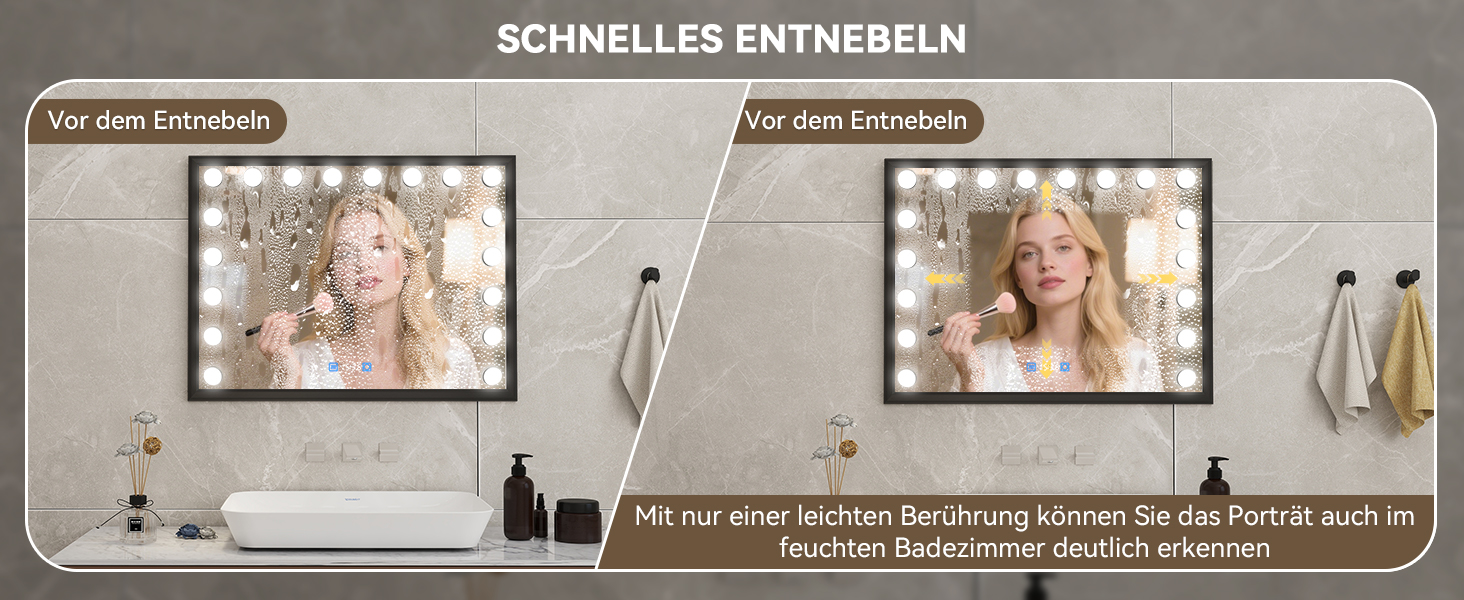 Дзеркало для ванної кімнати YOURLITE з LED-підсвічуванням 100x60 см, сенсорне управління, годинник, антизапотівання, 3 кольори світла, регулювання яскравості, функція пам'яті, білий/чорний