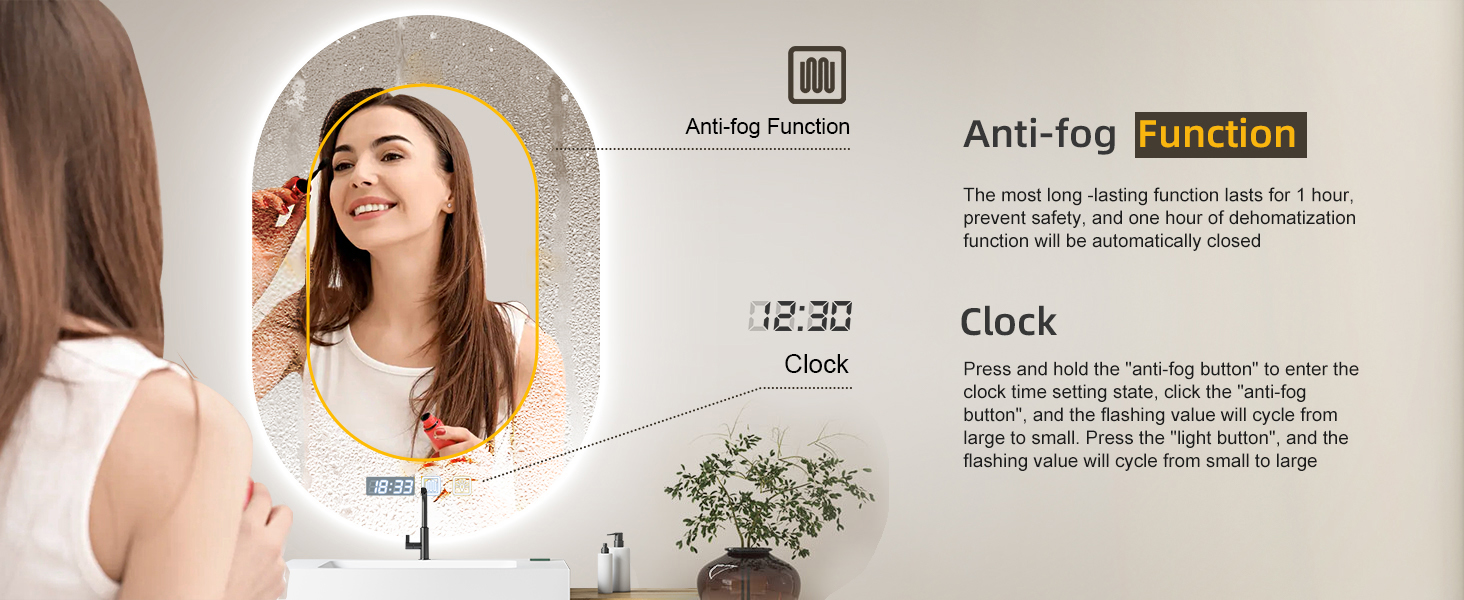 Дзеркало для ванної кімнати Worshow з підсвічуванням 50x70 см, прямокутне, LED, з підігрівом, 3 колірні температури, таймер, пам'ять, сенсорне керування