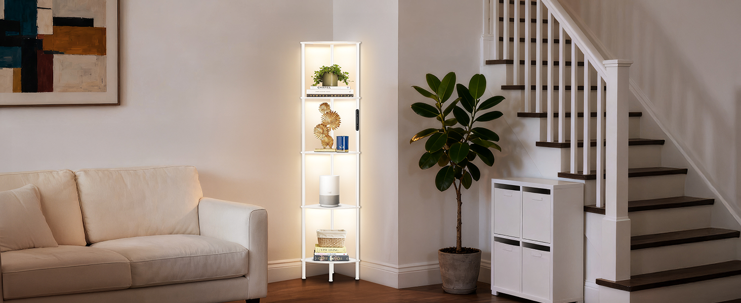 LED торшер з полицею, 3 режими світла, димування (сенсор/пульт), кутова полиця 5 рівнів, вузька книжкова шафа для вітальні, спальні, офісу, чорний