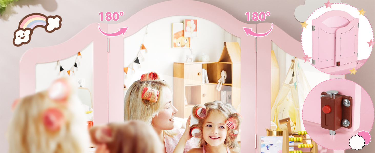 Дитячий туалетний столик MAMIZO 2 в 1 з дзеркалом та стільчиком, рожевий, з 2 висувними ящиками