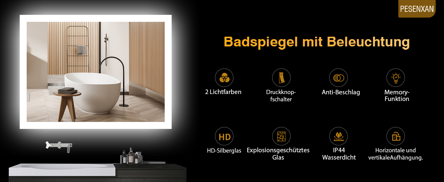 Дзеркало для ванної кімнати з підсвічуванням LED, антизапар, 2 кольори світла (3000K/6500K), нахильний вимикач, прямокутне, 45x60 см