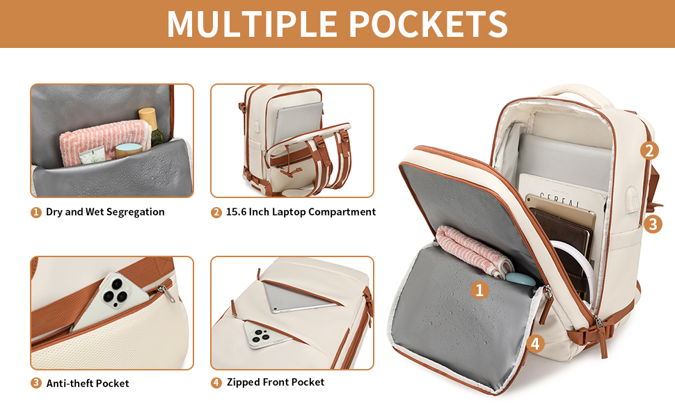 Рюкзак KONO для ручної поклажі 42x30x20, 25L, для ноутбука, Outdoor, для подорожей, спортивний, Weekender, з відділенням для взуття, 42.0 x 30.0 x 20.0 см, Бежевий та Коричневий