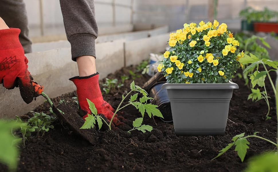 Набір з 3 великих пластикових горщиків для квітів на вулицю, 40x40 см, з підставкою, модель Don, виготовлено в Німеччині, антрацит