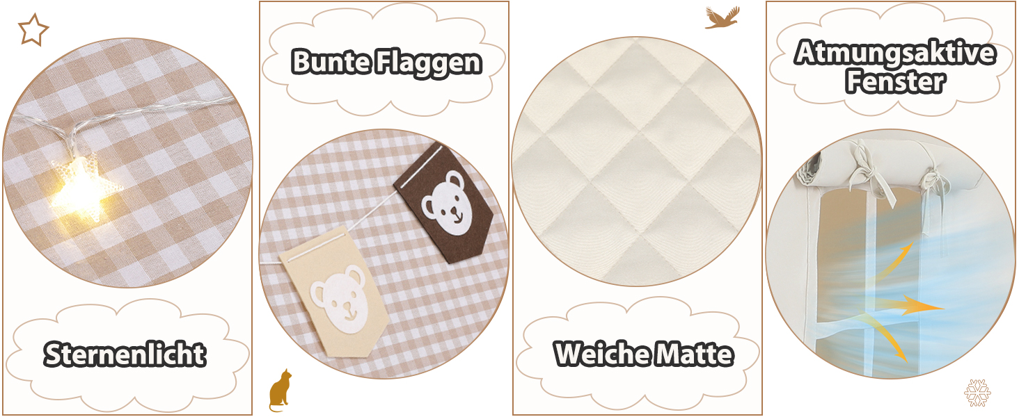 Дитячий намет Mamizо з килимком, прапорцями та світлом, зручний та дихаючий. Ігровий будиночок для дітей, намет для хлопчиків та дівчаток, 125x90x123 см, бежевий колір.