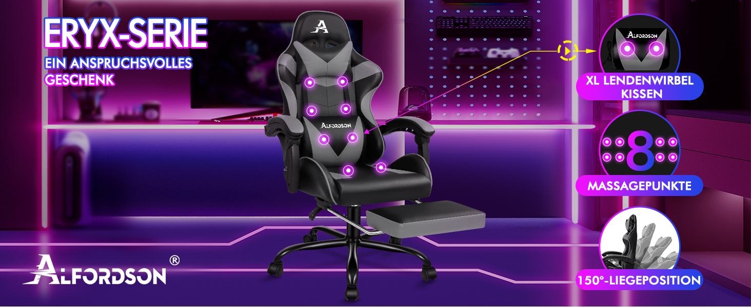 Ігровий крісло ALFORDSON з підніжкою, масажем та регулюванням на 150°, чорний (серія Eryx)