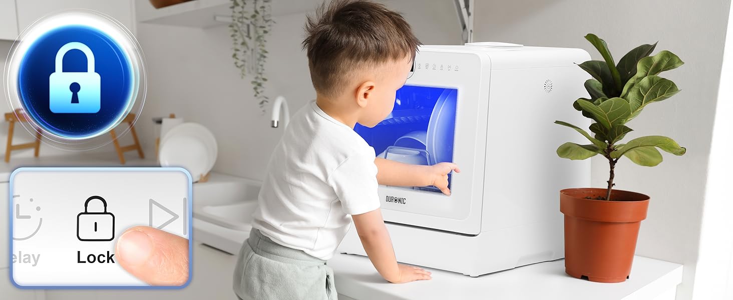 Настільна посудомийна машина Duronic DW5 BK, міні, 6 програм, 3 комплекти посуду, бак 5 л, без підключення до води