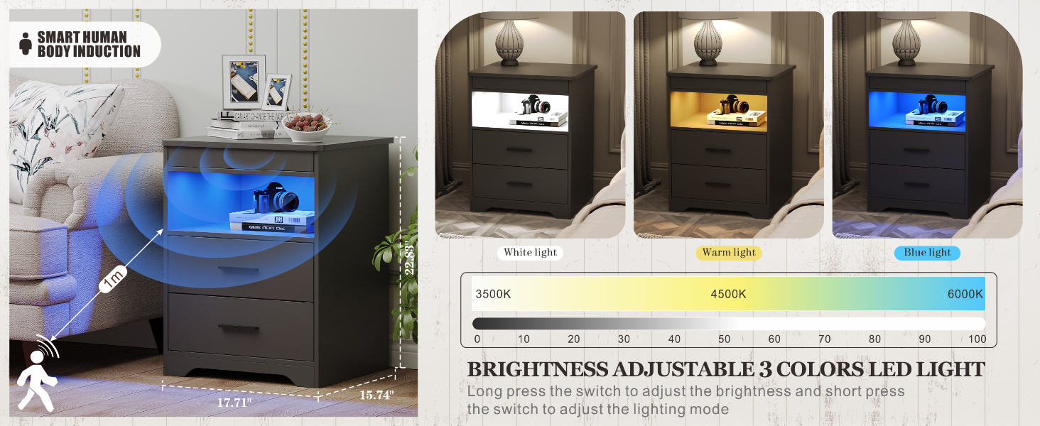 Нічний столик FREDEES з LED-підсвічуванням, ящиком та бездроговою зарядкою, сірий (2 кольори)