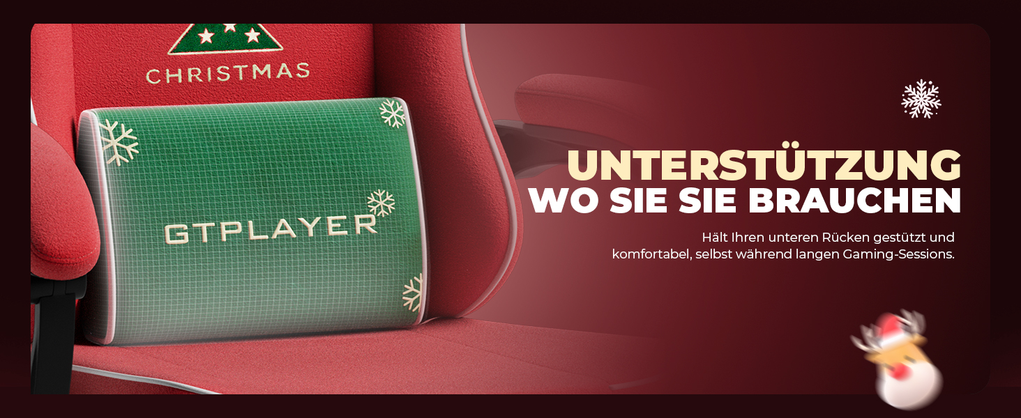 Ігровий крісло GTPLAYER з різдвяним мотивом, з підніжкою, широке сидіння, з подушкою для спини та синхронізованими підлокітниками для великих людей, велюр, червоний, на Різдво