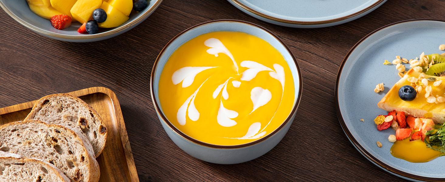 Набір посуду Steingut vancasso LOIRE 24тг. для 6 осіб: тарілки, супові тарілки, десертні тарілки, миски. Сучасний блакитний дизайн, безпечний для мікрохвильовки та посудомийної машини.