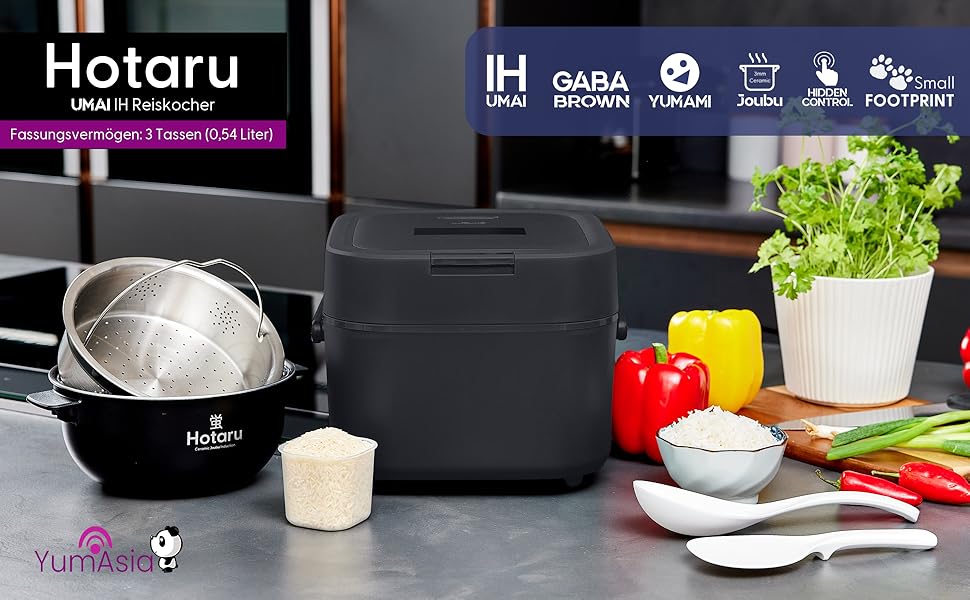 Рисварочний годинник Yum Asia Hotaru з індукційним нагрівом UMAI (IH) та керамічною чашею (3 чашки, 0,54 літра), 7 функцій приготування рису, 5 функцій мультиварки, LED-дисплей, 220-240V EU-штекер (Шиферно-сірий)