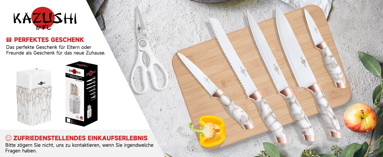 Набір кухонних ножів Messerblock Set: 7 предметів з нержавіючої сталі з дерев'яним блоком та точильним каменем. Професійний кухонний набір, подарунок.