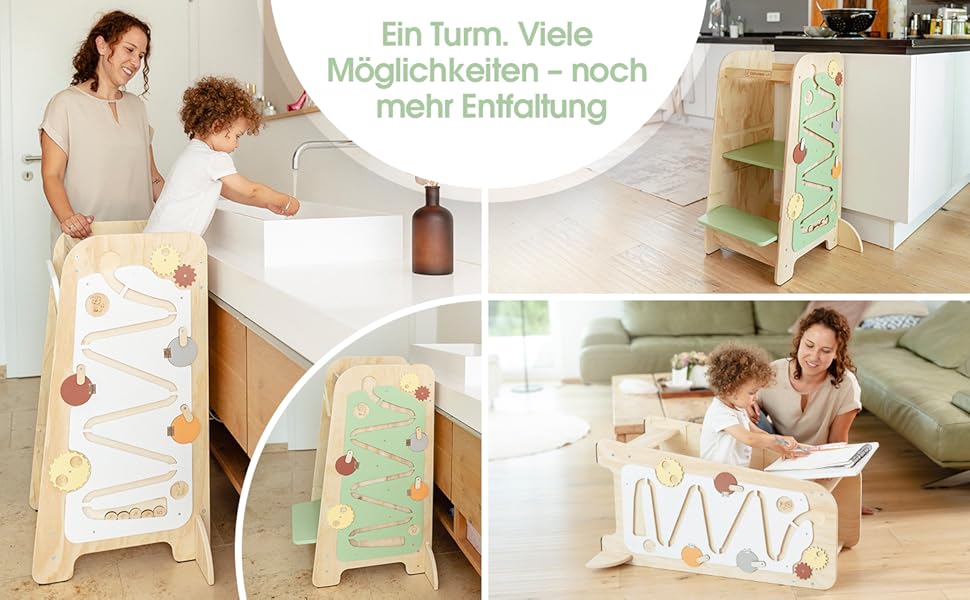 Дитячий навчальний столик-лесенка EXPLORER Kids® 5-в-1 | Монтессорі | Регульована висота, захист від перекидання | Розвиває моторику, вивчення чисел та форм | Дерев'яний, білий та салатовий | Від 1 року