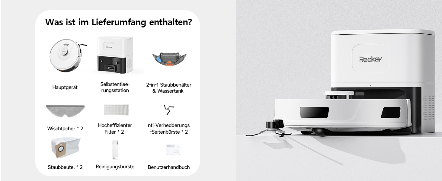 Робот-пилосос Redkey R11 з функцією миття, 20000Pa, док-станція 4L, захист від намотування волосся, LiDAR навігація, керування через додаток, для килимів та шерсті тварин