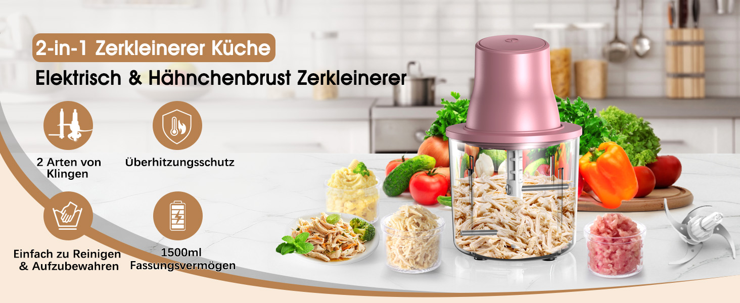 Електричний подрібнювач для кухні 1.5L, подрібнювач курки, овочів, фруктів, м'яса, для дитячого харчування, 250W