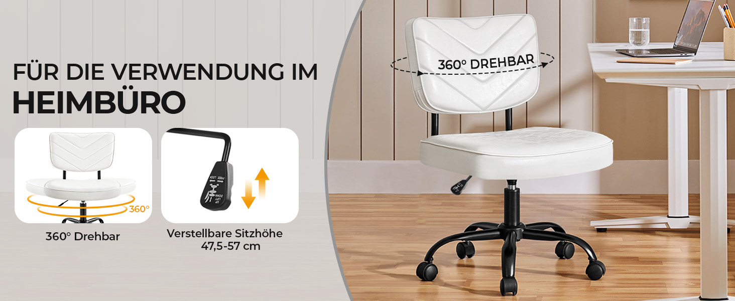 Крісло офісне Yaheetech з регульованою висотою сидіння, обертається на 360°, штучна шкіра, з роликами для офісу/вітальні, біле