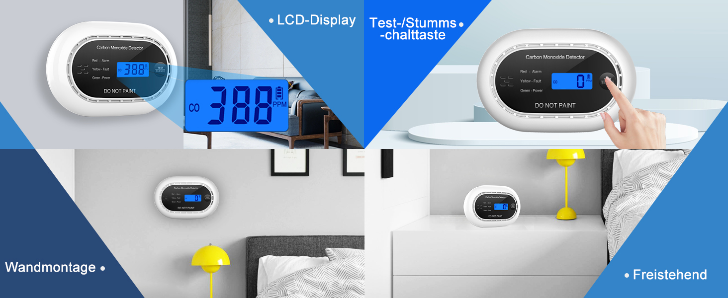 Детектор чадного газу з батареєю на 10 років, LCD-дисплеєм, акустичним сигналом 85dB, функцією вимкнення звуку, для безпеки вдома, EN50291, автономний, чорний