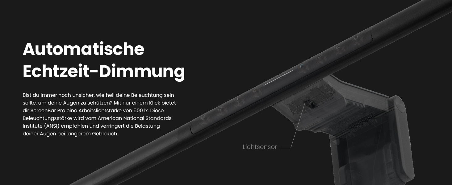 BenQ ScreenBar Pro – LED лампа для монітора: без відблисків, авто вкл/викл, універсальна кріплення, широке освітлення, регулювання кольору та яскравості, автоматичне регулювання, чорний колір