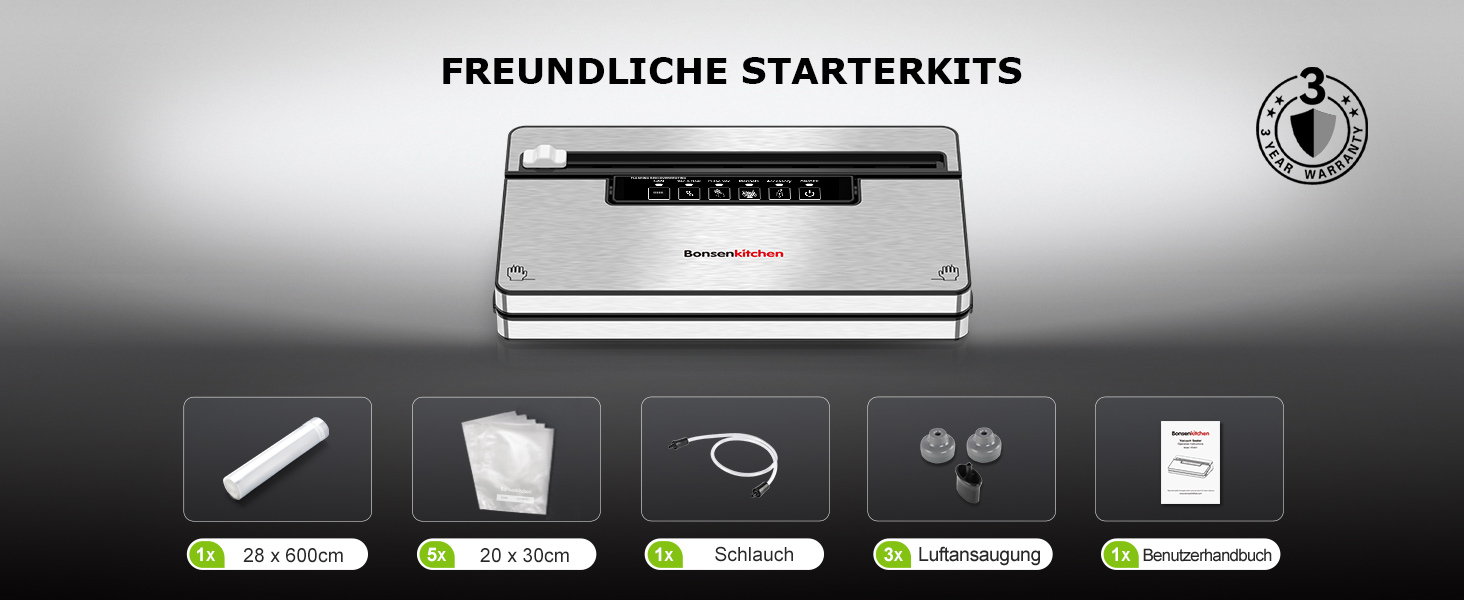 Вакууматор Bonsenkitchen для продуктів, потужний вакуумний пакувальник з 5 режимами, 8 л/хв, сріблястий (комплект: 5 пакетів та 1 рулон)