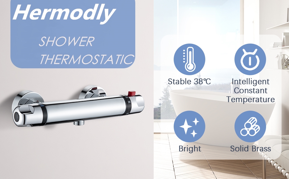 Змішувач для ванни з термостатом, накладний, хром, латунь, з кнопкою безпеки 38°C, для ванни, душ