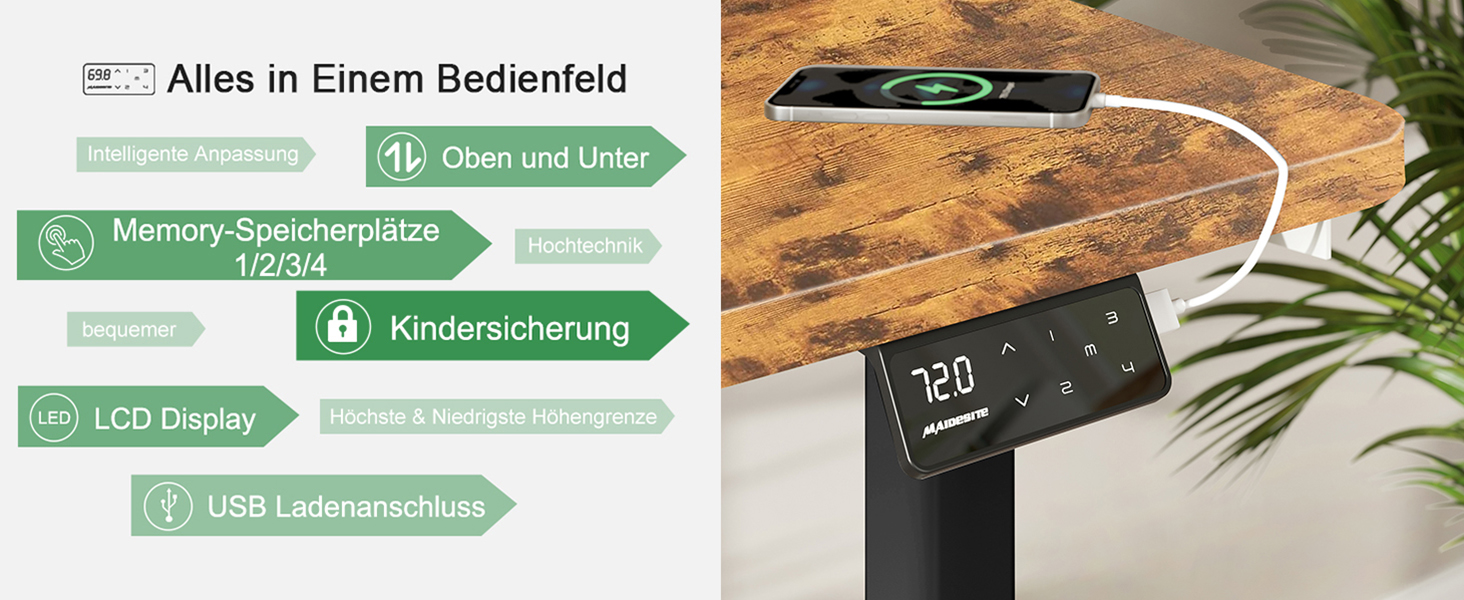 Регульований стіл MAIDeSITe 160 x 80 см з електроприводом та LED-підсвіткою (S1 Pro) сірий + вінтажний коричневий