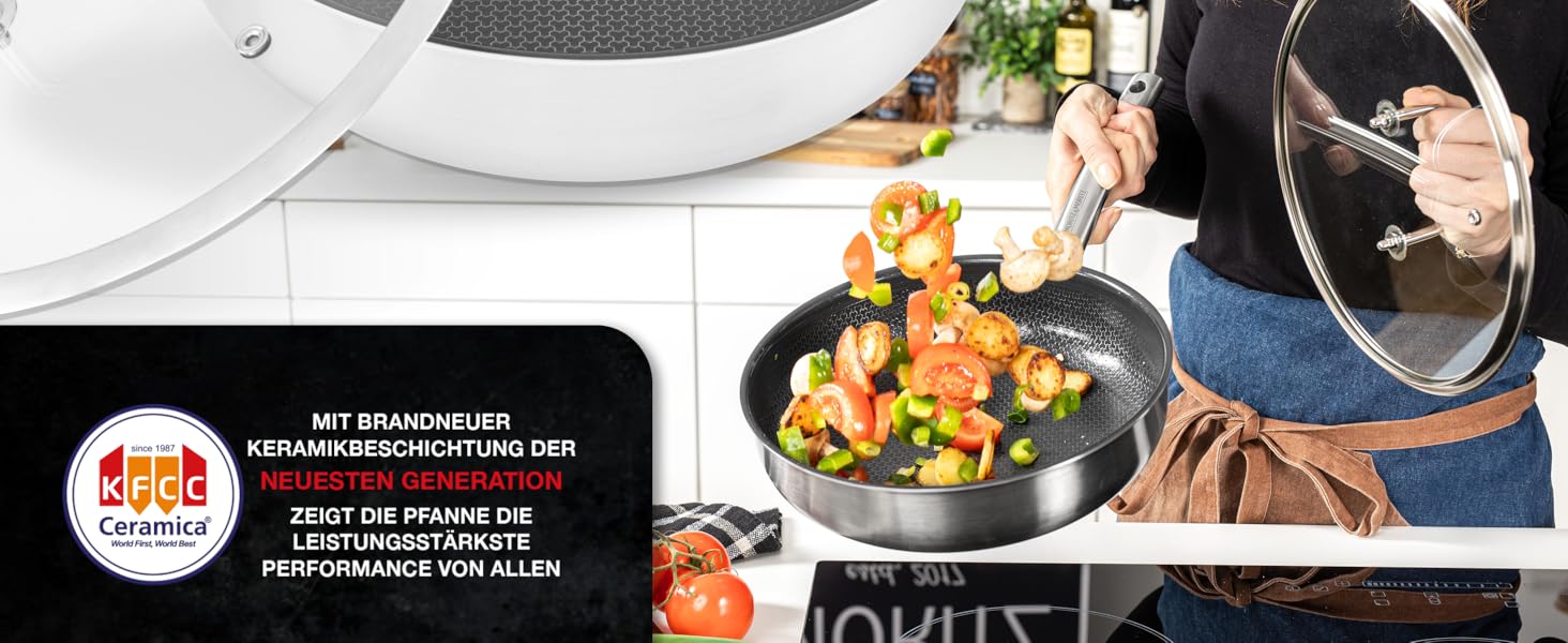 Сковорода з нержавіючої сталі Moritz & Moritz з кришкою 28 см з керамічним покриттям нового покоління - підходить для всіх типів плит - антипригарна сковорода з вафельною структурою для приготування, смаження та тушкування. Діаметр 28 см