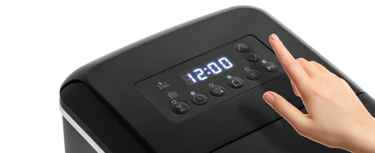 Льодогенератор KLAMER компактний з лопаткою, 2 розміри льоду, 10 кубиків за 7 хв, 15 кг/добу, тихий, з таймером, чорний 2.1л