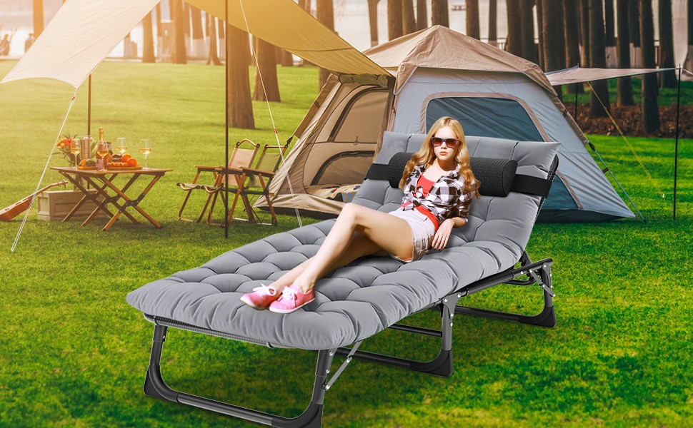 Розкладне шезлонг для саду SUNYRISY з регульованою спинкою, подушкою та підголівником, витримує до 200 кг, велике кемпінгове ліжко для дорослих, тераси, офісу та пляжу