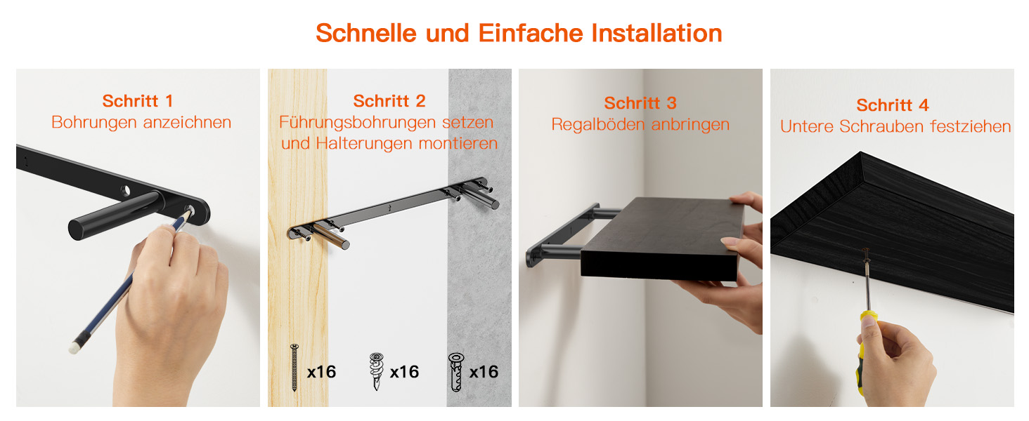 Полиця настінна Pipishell Wandregal Holz 40 см, набір 4 шт., дерево Paulownia, чорна - для кухні, ванної, спальні, офісу