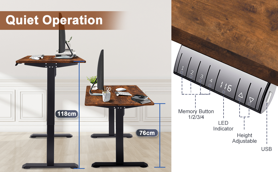 Електричний стоячий стіл Devoko 180x80 см з USB-портом, 3 положення, таймер, блокування, рустикальний/вінтажний колір