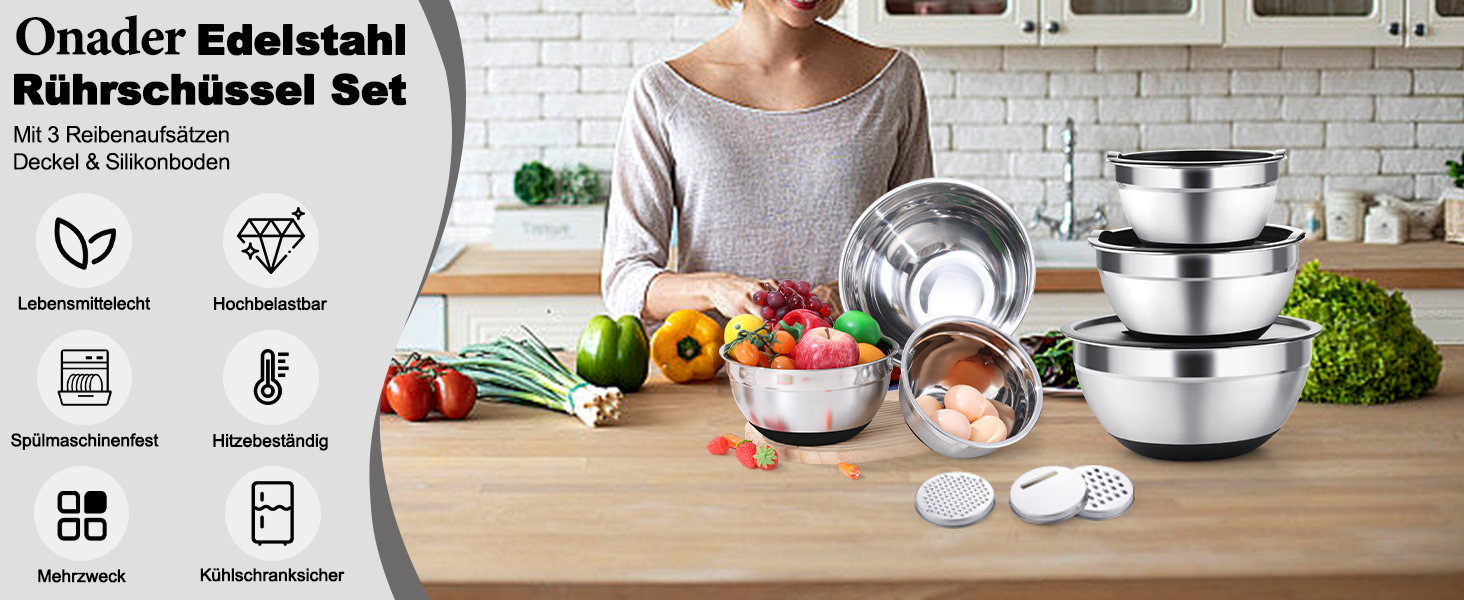 Набір мисок Onader з нержавіючої сталі: 5 мисок + 3 терки. Набір мисок для салатів з кришками, 5 шт. (0,7-4 л), чорний