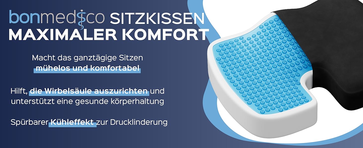 Ортопедична подушка для сидіння Bonmedico з Memory Foam та гелевим наповнювачем - для автомобіля, офісного крісла та інвалідного візка. Великий розмір (Блакитний)