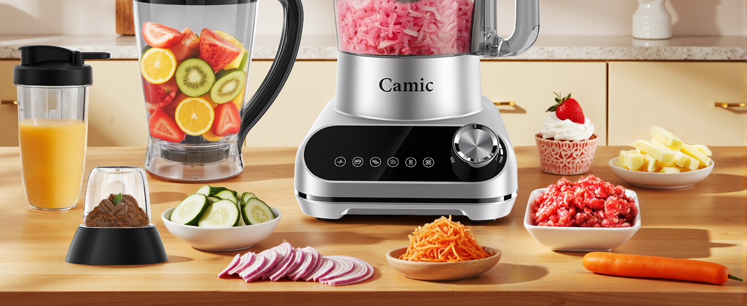 Кухонний комбайн Camic 1500W з мискою 2.5л, 6 програм, подрібнювач, нарізач, міксер, аксесуари, для дому, сріблястий