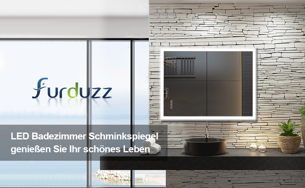 Дзеркало для ванної кімнати Furduzz LED, 70x50 см з підсвічуванням, сенсорним вимикачем, 3 кольори світла, регулювання яскравості, антизапарник, пам'ять налаштувань