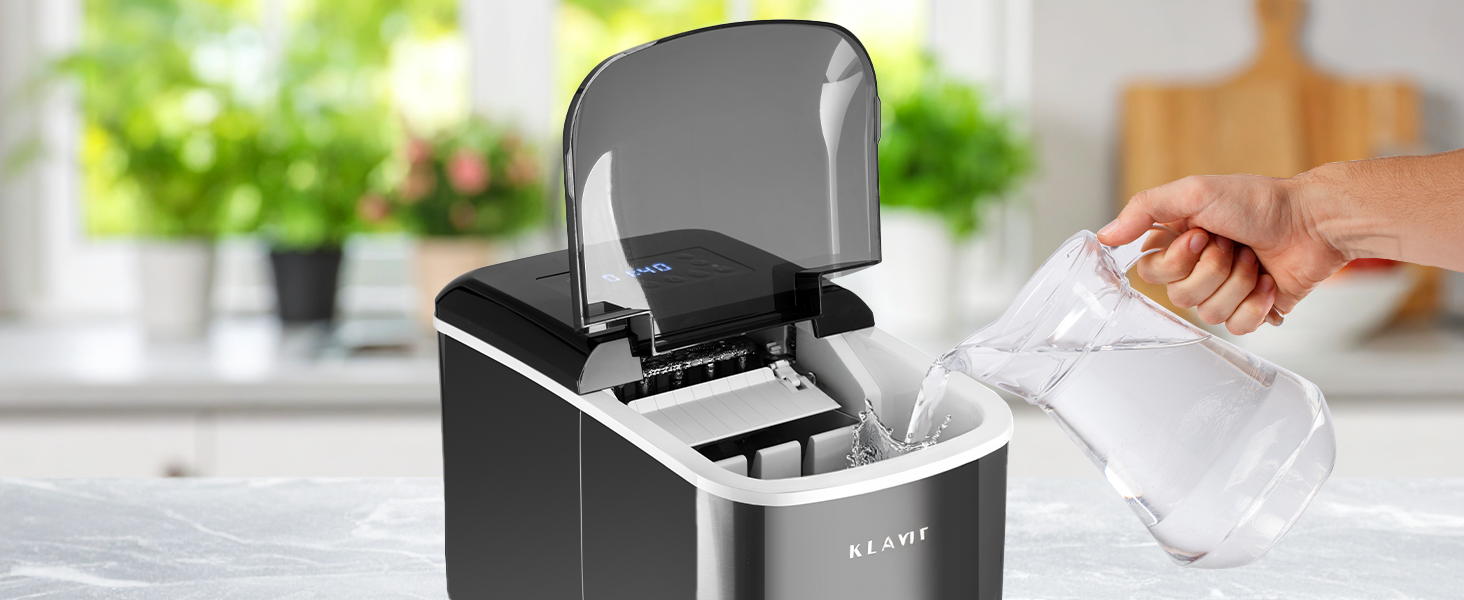 Льодогенератор KLAMER компактний з лопаткою, 2 розміри льоду, 10 кубиків за 7 хв, 15 кг/добу, тихий, з таймером, чорний 2.1л