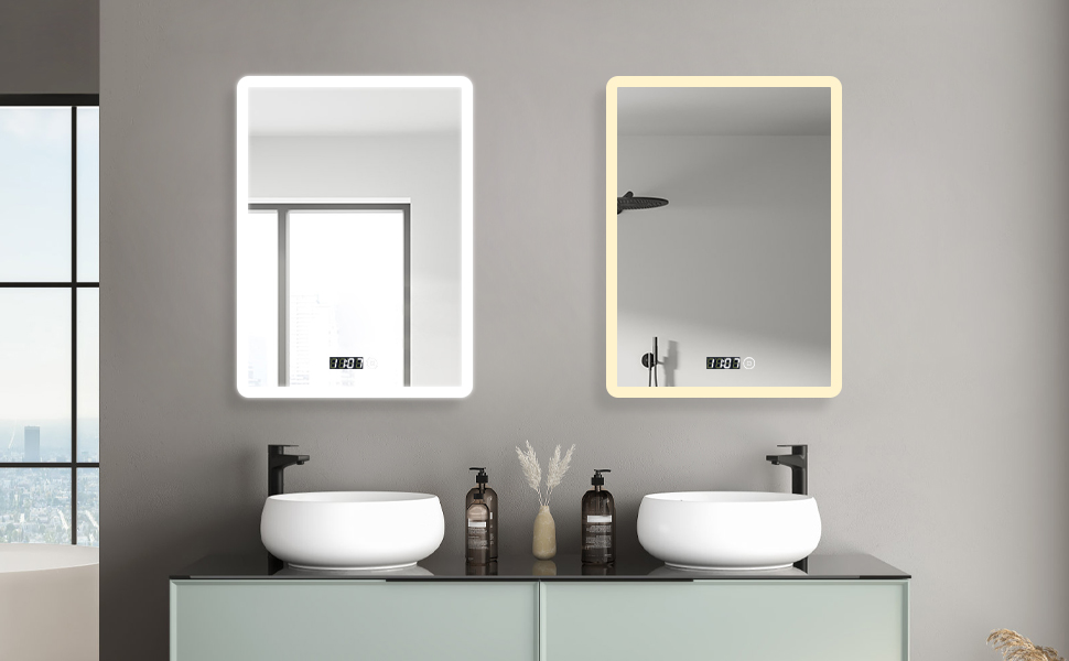 Дзеркало для ванної кімнати з підсвічуванням та годинником Boromal 50x70 см, диммер, 3 кольори світла, 2470 лм