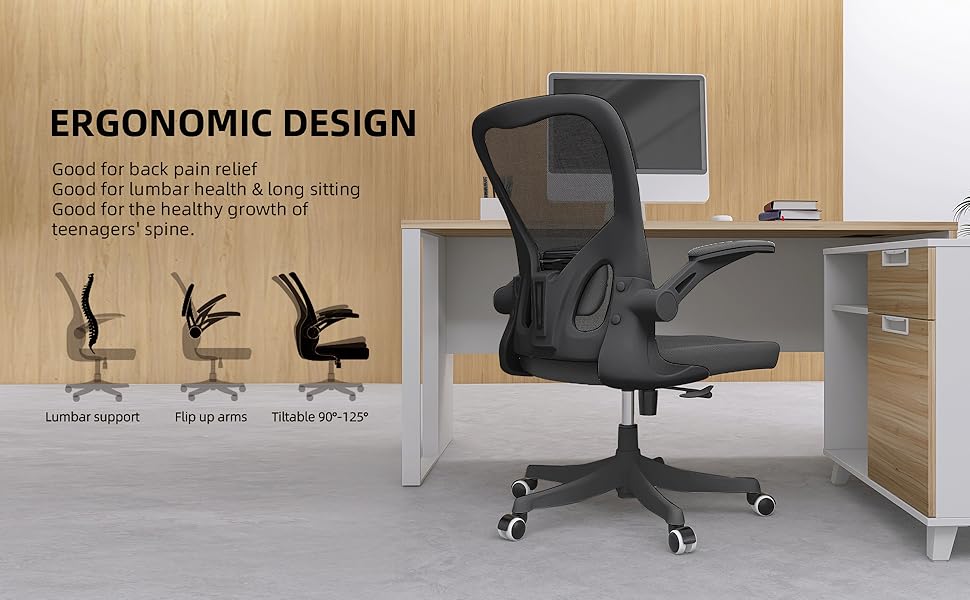 Офісний крісло Monhey з регулюванням висоти, поворотне, з відкидними підлокітниками, дихаюча сітка, регульована підголовник та інтелектуальна підтримка попереку – для дому та офісу (чорний)