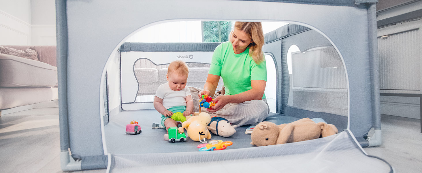 Дитячий манеж Lionelo Willow сірого кольору 120x180x68 см з сіткою, для дітей 0-48 місяців