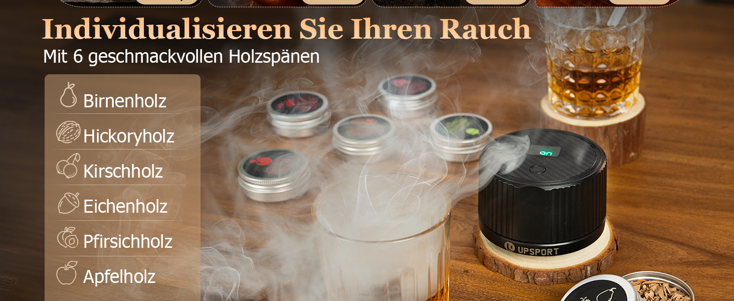 Електричний набір для копчення коктейлів з 4 режимами підсвічування, перезаряджуваний набір для диму з віскі, 6 дерев'яних стружок, без бутану, подарунок на Різдво/День народження для чоловіків, батьків, чоловіків FY01