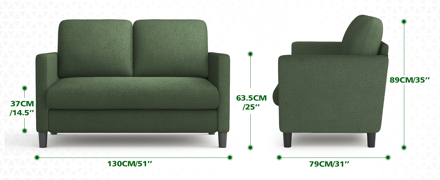 Диван 2-місний, компактний, 130 см, зелений. Зручний диван для підліткової кімнати, легко збирається без інструментів. Дивани з масиву дерева, компактні дивани для вітальні.