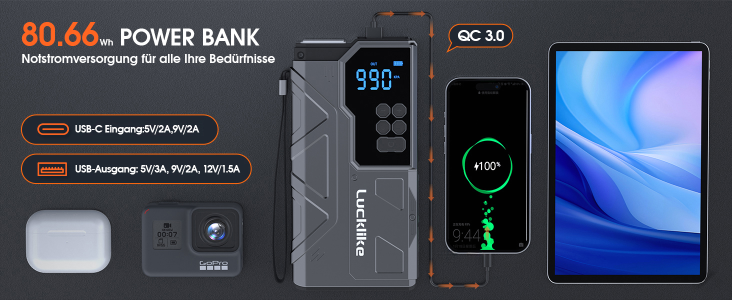 Powerbank з компресором Lucklike 150PSI, 5000A для авто, мото, газонокосарки (10.0л/8.0л Diesel)