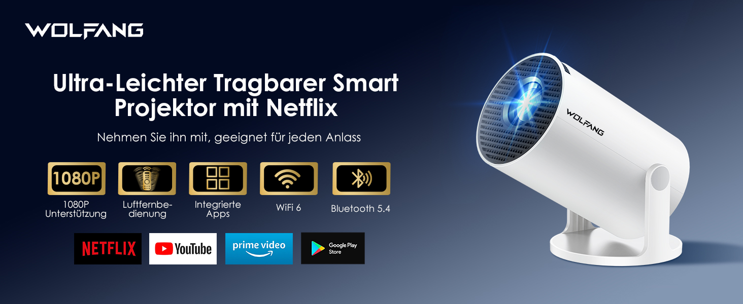 Портативний міні-проектор WOLFANG 1080P з WiFi 6, Bluetooth 5.4 та вбудованими додатками, автокоррекція трапецієподібних викривлень, підставка 180°, для дому та кінотеатру