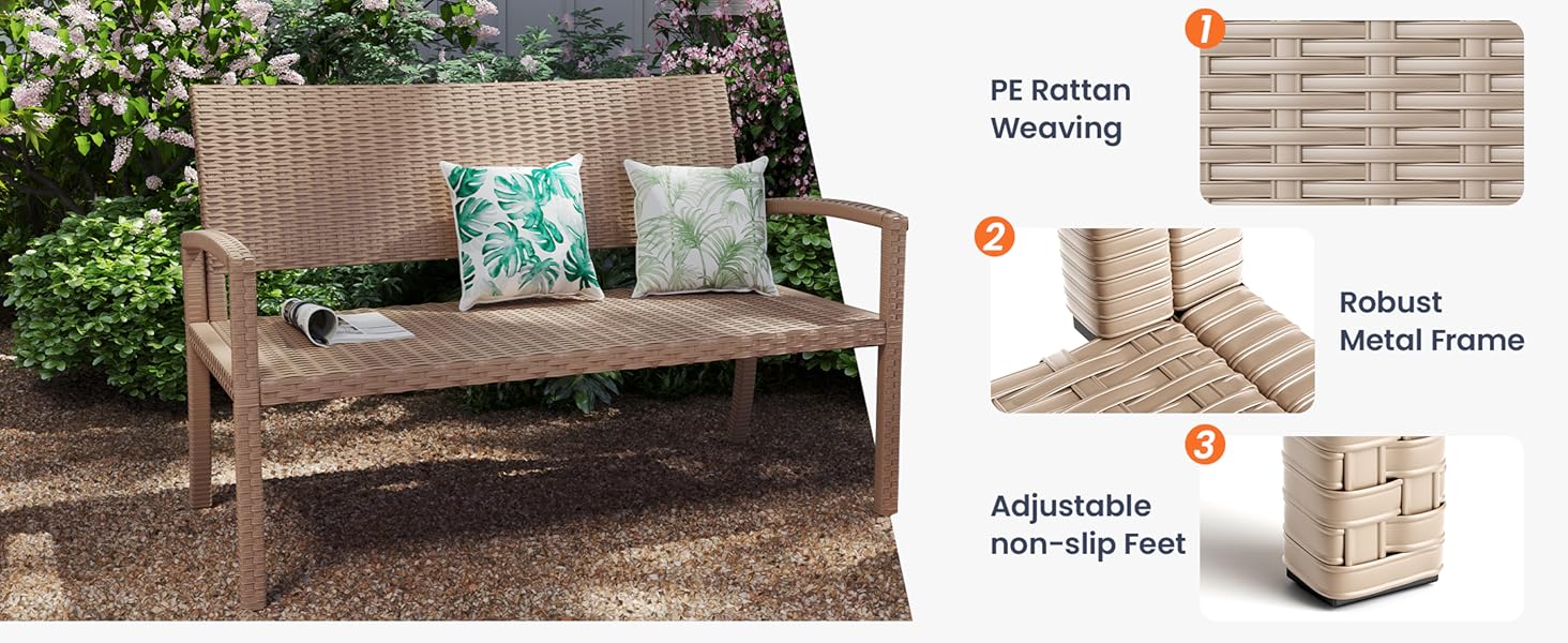 Садова лавка з поліротангу UDPATIO для тераси, балкону та саду, бежева (123x63x86 см, витримує до 320 кг)